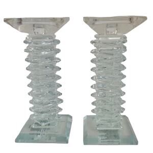 Clear Crystal Glass Stacked Faceted Tall Candle Holders Pair 8 Inch Votive Heavy